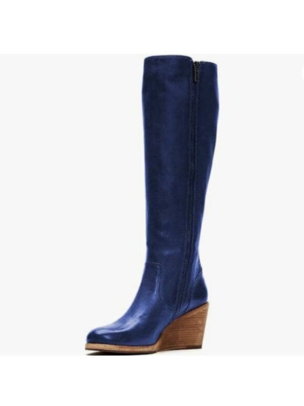 FSJ Women Side Zipper Wedge High Heel Point Toe Fancy Pull On Ladies Blue Boot